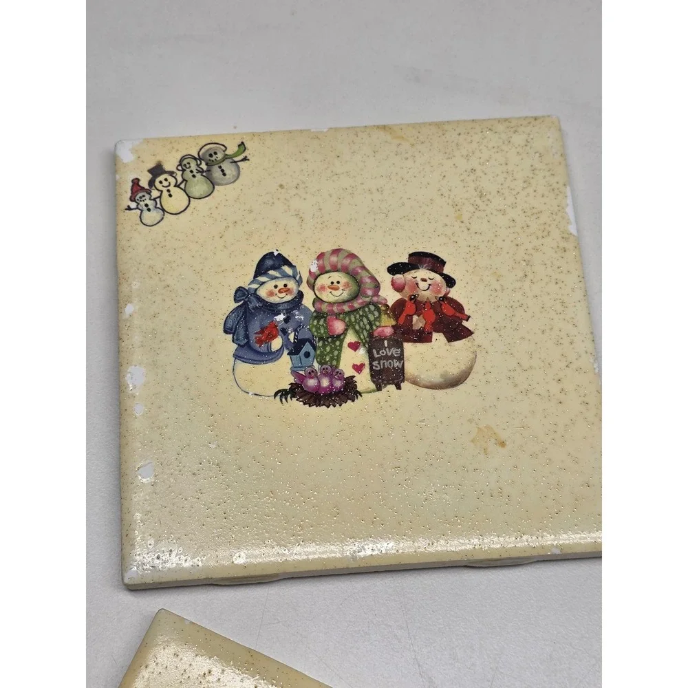 Vintage‎ Style Snowman Ceramic Tile Coasters Set of 4 Winter Holiday Decor Cream